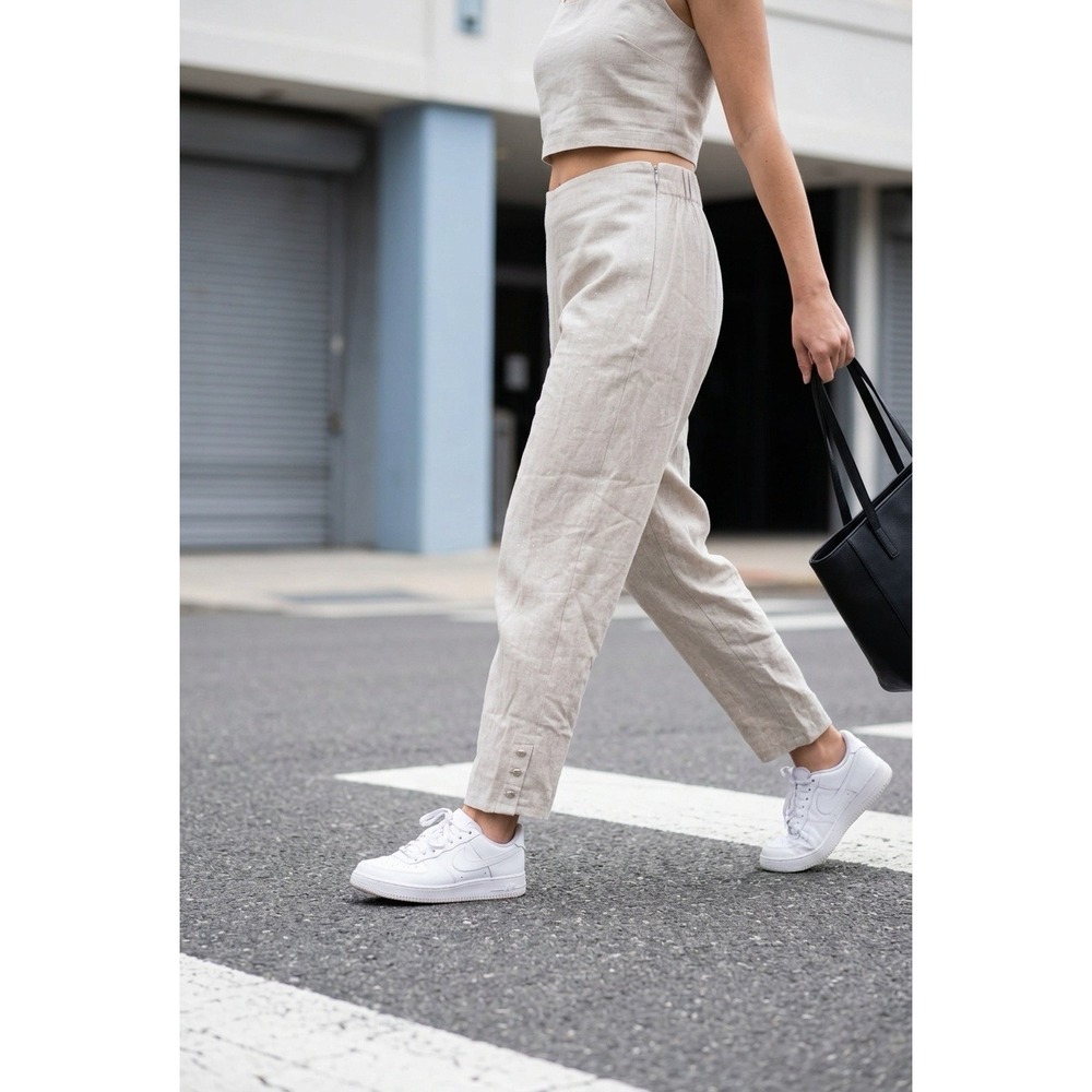 J. Jill Linen Stretch Cropped Pants Cream Linen Blend‎ Button Hem Lg Coastal NWT
